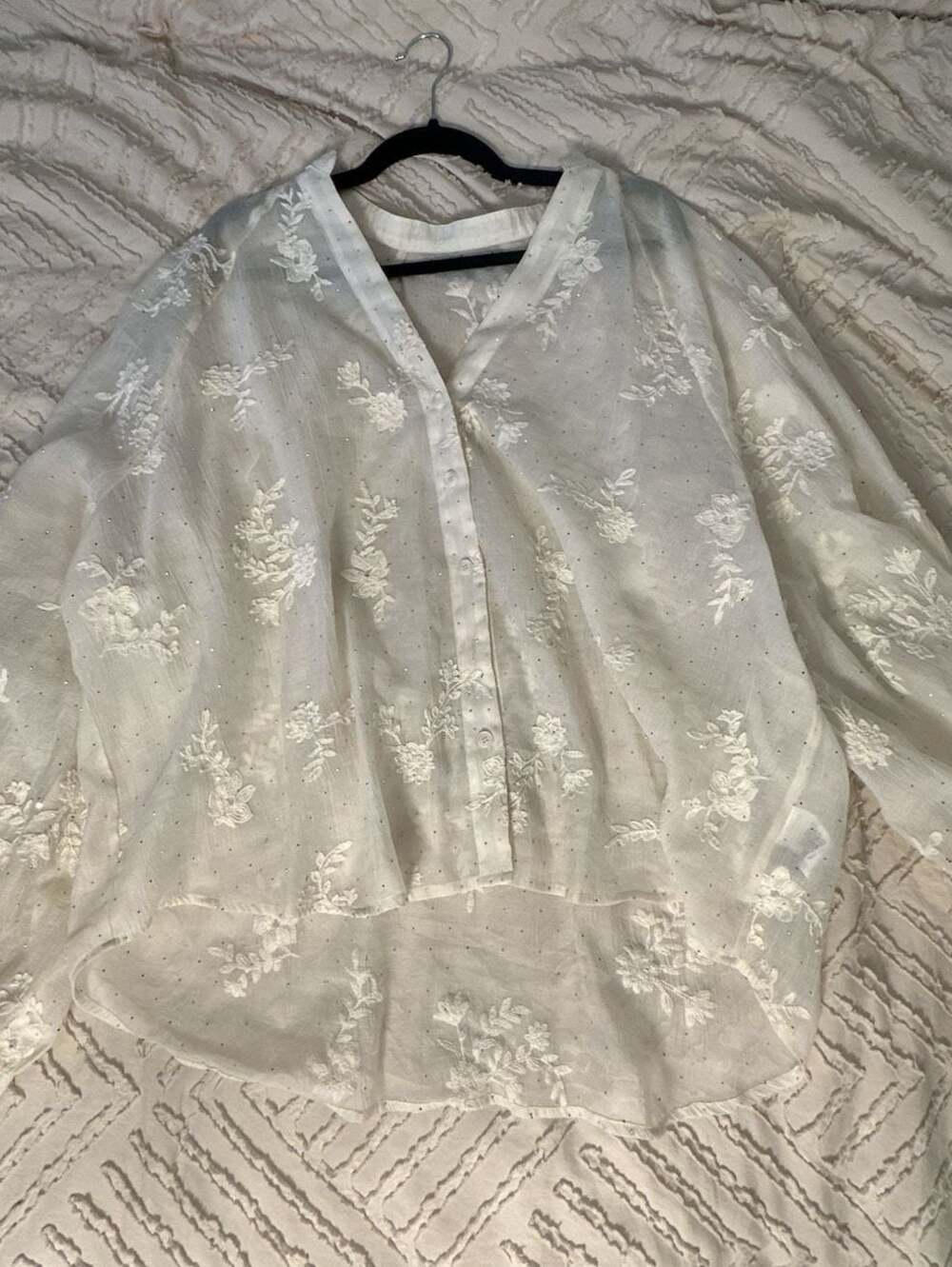 Anewsta V-Neck Lantern Sleeve Rhinestone embroidered shirt